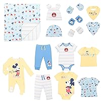 Mickey Mouse Newborn Baby Zip Up Coverall Bodysuits T-Shirts Pants Bibs Hats Mitts and Blanket 15 Piece Layette Set