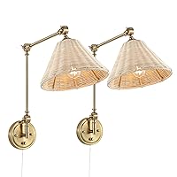 WINGBO Wall Sconce Rattan Wrapped Wall Lamp, Adjustable Swing Arm Wall Light Gold Vintage Bedside Light Fixture Wicker Handmade Shade Brass Reading Light Plug in or Hardwire (2 Pack)