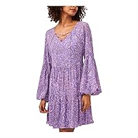 Vince Camuto Womens Purple Lined Pullover Lace-up Tiered Paisley Balloon Sleeve Split Short Fit + Flare Dress XS