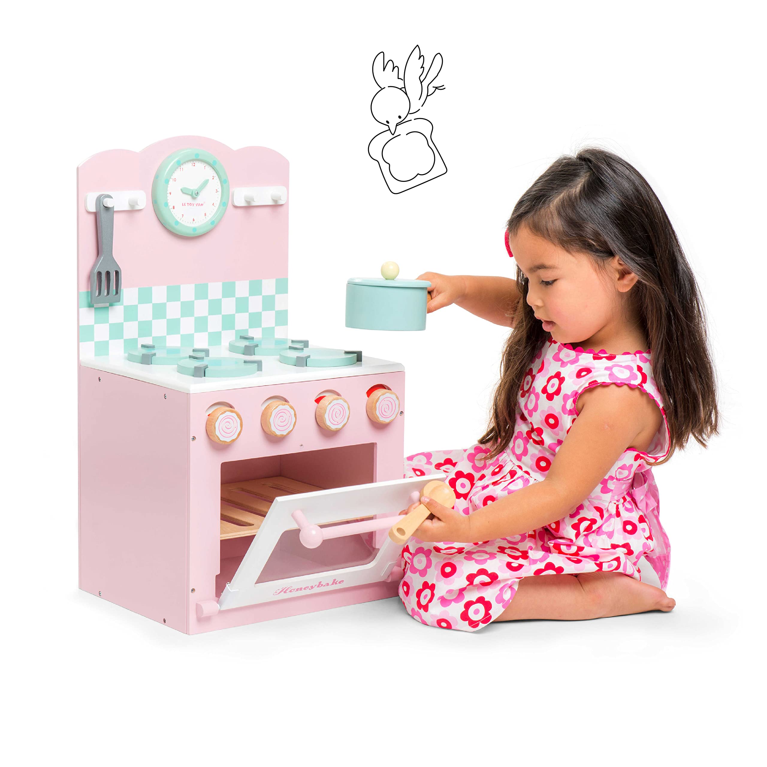 Le Toy Van - Colorful Wooden Honeybake Oven & Hob Pink Set | Wood Pretend Play Kitchen Toy Set | Girls and Boys Role Play Toy Kitchen Accessories