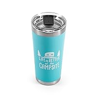 Camco Life is Better at The Campsite Tumbler | Heavy Duty Double Wall Vacuum Insulation | Crafted of 18/8 Stainless Steel | Unique “Life is Better at The Campsite” Design on Cool Blue | 20-oz (53057)