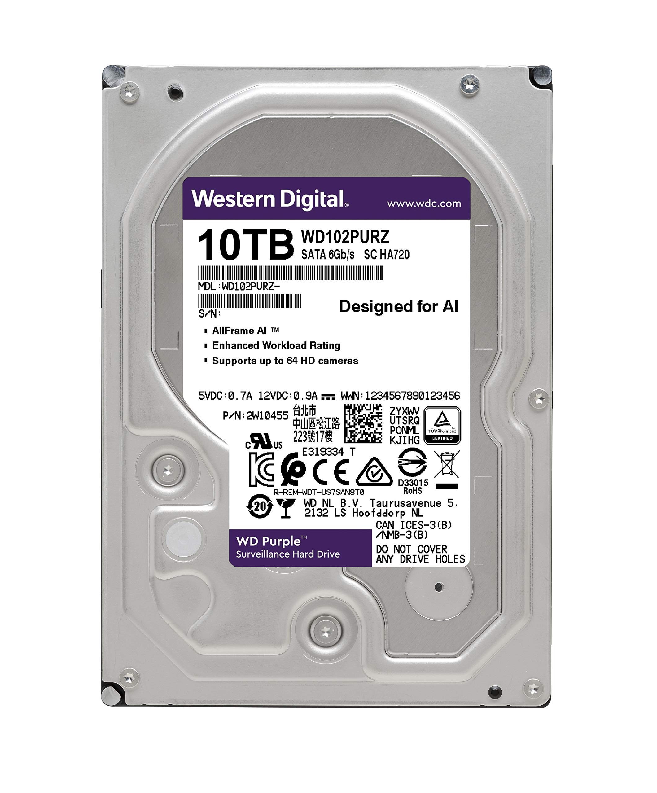 Western Digital 10TB WD Purple Surveillance Internal Hard Drive HDD - SATA 6 Gb/s, 256 MB Cache, 3.5