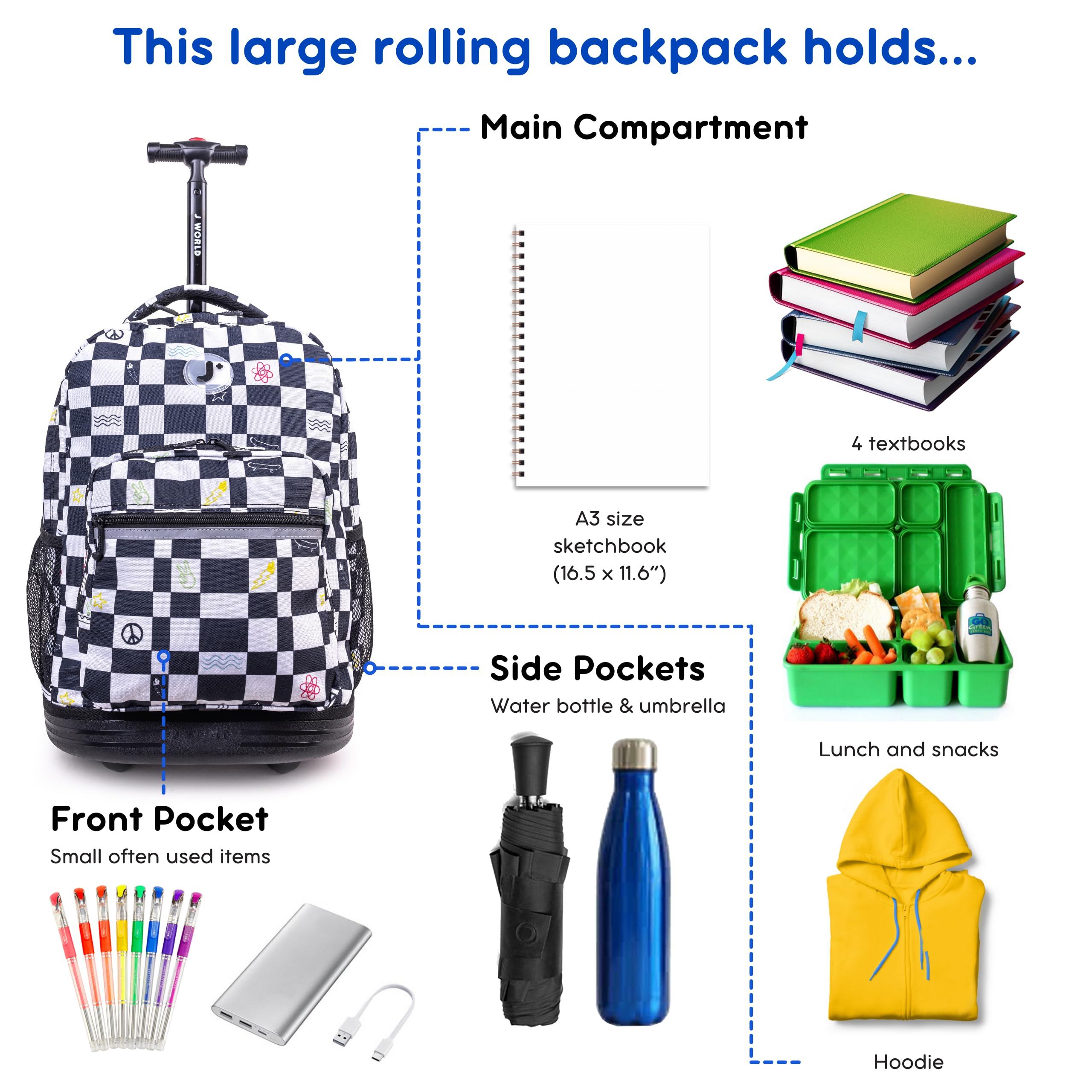 J World New York Sunrise Kids Rolling Backpack for Girls Boys Teen. Roller Bookbag with Wheels, Icon Checkers, 18