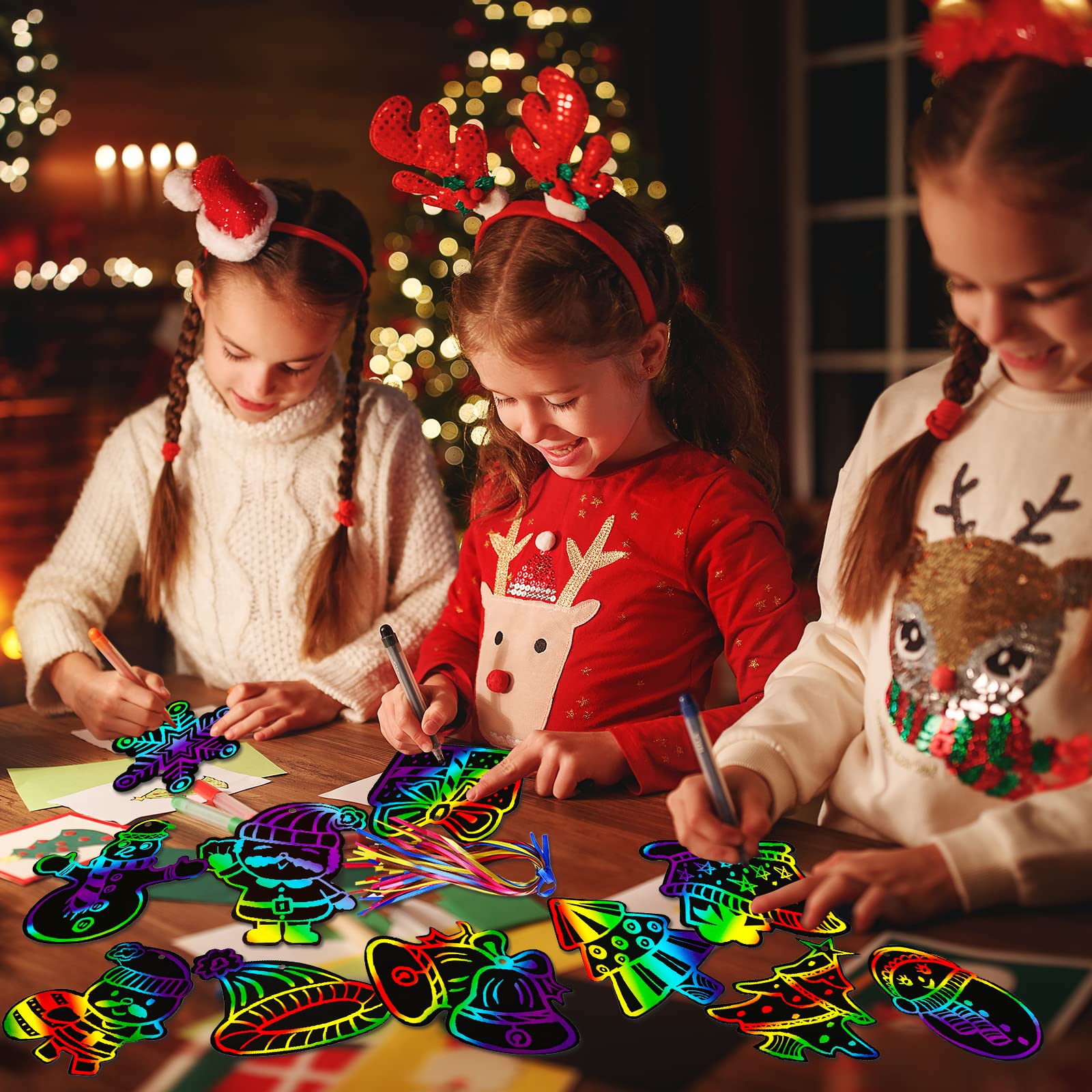 Max Fun Rainbow Color Scratch Christmas Ornaments (48 Counts) - Magic Scratch Off Cards Paper Hanging Art Craft Supplies Educational Toys Kit with 24PCS Drawing Sticks & Cords for Kids Party Favors