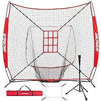 7'X7' Baseball Softball Practice Net,Pitching Net,Batting Net,with Baseball Tee,Bonus Strike Zone and Bow Frame,for Hitting,Pitching, Catching