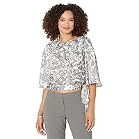 BCBGMAXAZRIA Women's Relaxed Top Elbow Bell Sleeves Round Neck Twist Knot Cinched Waist Sash Tie Ruched Shirt