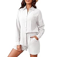 Flygo Womens Cotton 2 Piece Outfits Lounge Sets Oversized Button Down Shirts Shorts Pajama Set Tracksuit Vacation Outfits