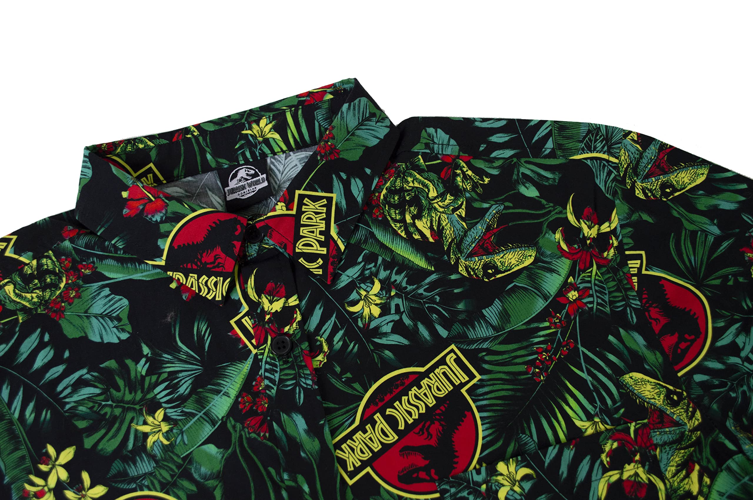 Jurassic Park Men's Tropical Raptor Pattern Button Down Shirt