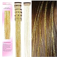Clip in Hair Tinsel 6Pcs Glitter Hair Tinsel Heat Resistant Tinsel Hair Extensions Gold Hair Tinsel Clip in Sparkle Fairy Hair Accessories for Women Girls Kids (GOLDEN)