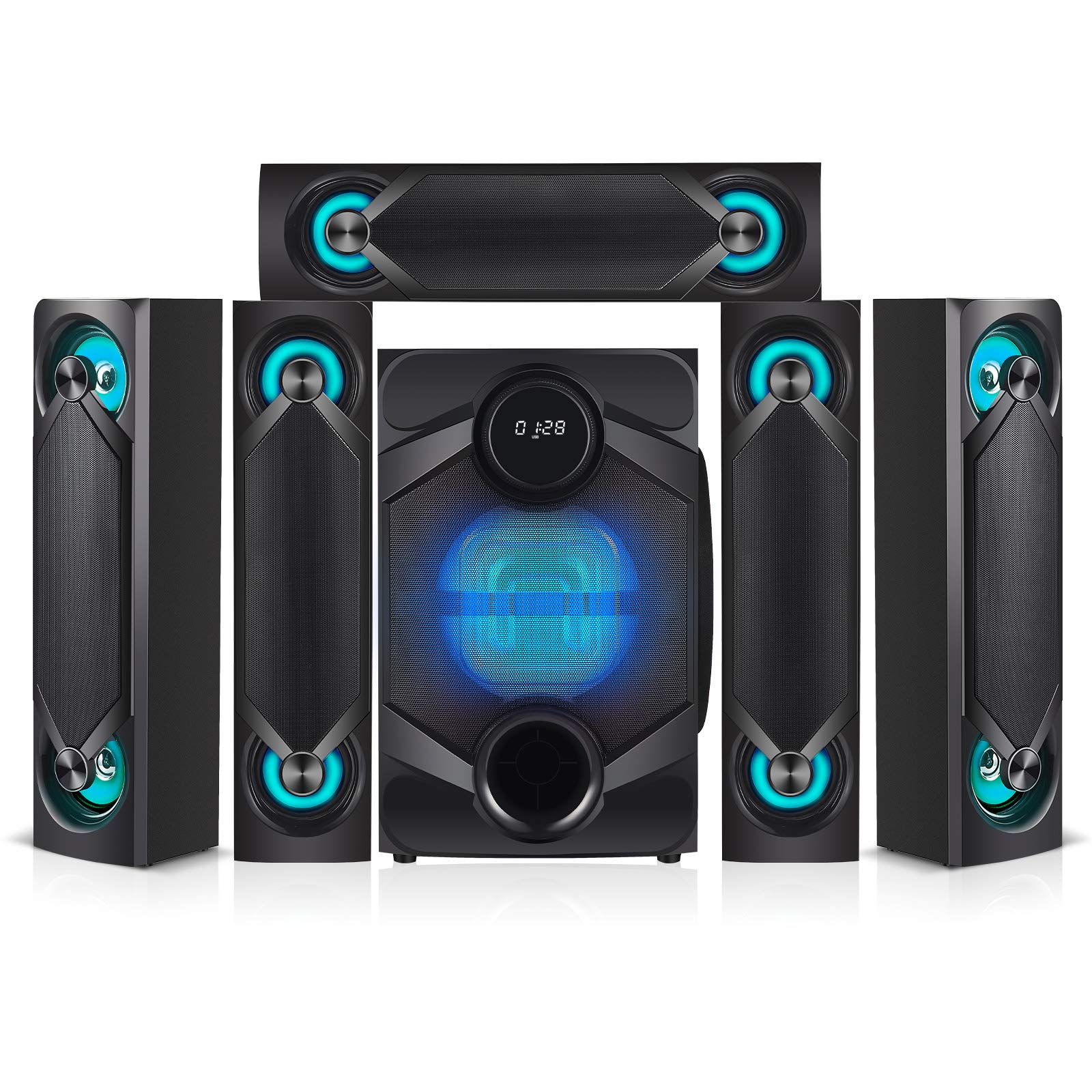 Nyne NHT5.1RGB 5.1 Channel Surround Sound Home Audio Theatre System – for TV, Bluetooth, LED, USB, SD, RCA Out in, 8 Inch Active Subwoofer, 6 Inch Passive Radiator, Soundbar, Cinema Acoustics