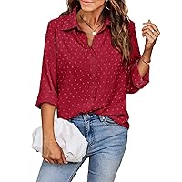HOTOUCH Swiss Dot Button Down Shirt for Women Long Sleeve Formal Work Blouses Casual Business Tops Slim Fit Chiffon Shirts