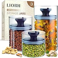 SET OF 3 Glass Storage Jars with Airtight Lids - Kitchen Storage Containers - Preserve Food Freshness by Expelling Excess Air - Pantry Borosilicate Glass Canisters - Coffee Beans - Nuts .. 33,23,14 OZ