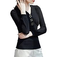 Women's Casual Top V Neck Long Sleeve Stretchy Cross Buckle Blouses Elegant Work Shirts Best Gift for Mom Wife