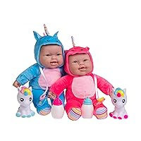JC Toys Lots to Cuddle Babies 12-inch Small Soft Twin Baby Dolls Unicorn Theme| Washable | Pink and Blue | Includes Play Unicorns, Bottles, Pacifiers| for Children 12 Months +