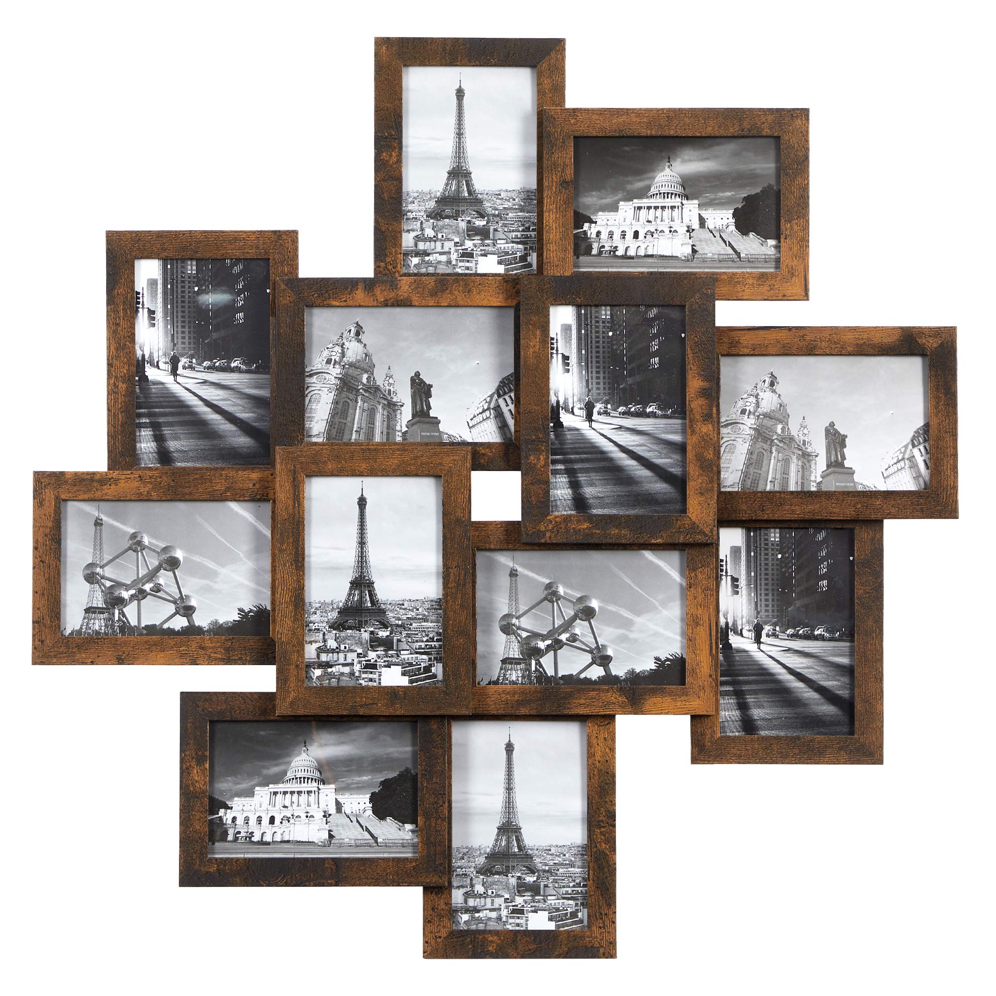 SONGMICS Collage Picture Frames for 12 Photos in 4 x 6 Inches, Assembly Required, Wall- Mounted Multiple Picture Frames, with Glass Front, Wood Gra...