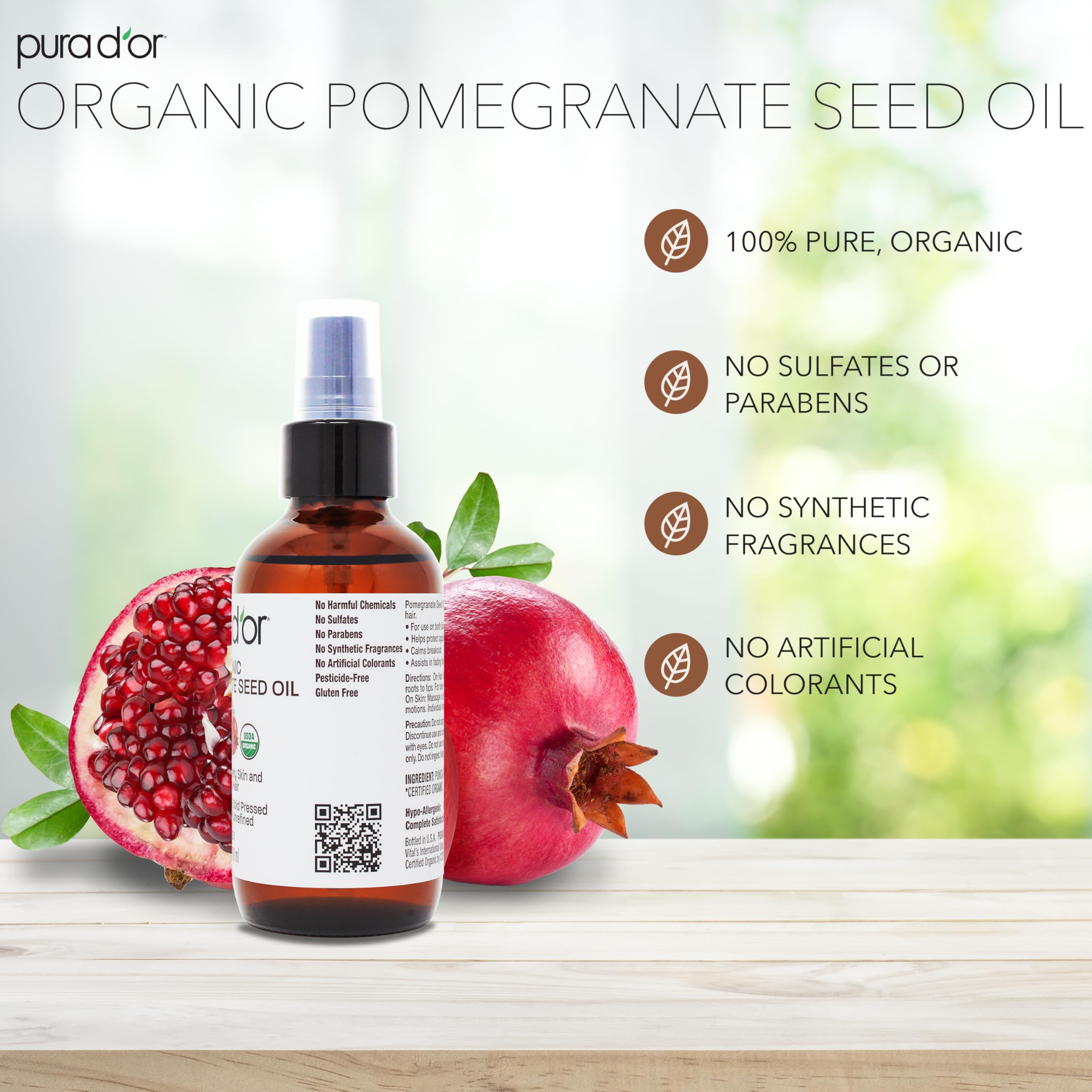 PURA D'OR 4 Oz Organic Pomegranate Oil - 100% Pure USDA Certified Premium Grade Cold Pressed Pomegranate Oil - Organic Body Oil For Hair, Face, & Skin - Hair Moisturizer Pure Cleansing Oil - Scar Oil