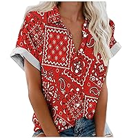 Women T Shirt Summer Solid Lapel V Neck Blouses Short Sleeve Button Down Tee Tops with Pocket Plus Size Loose Shirts