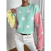 Polka Dot Pattern Colorblock Drop Shoulder Sweater (Color : Mint Green, Size : Large)