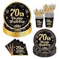 144PCS 70th Birthday Plates and Napkins Birthday Party Supplies 70th Birthday Party Decorations for Men Women Birthday Party Tableware 70th Birthday Paper Plates Napkins Cups Forks and Knives Serve 24