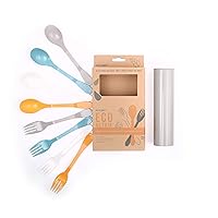 Knork Eco Astrik Reusable Compostable Plant-Based To Go Ware, Utensil Set with Carry Case, Orange Blue White Gray, 8 Piece Utensil Set with Carry Case