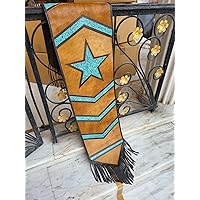 Cow Hide Leather Table Runner on Real Acid wash Brown Cow Hide Decorated with Laser Cut turquoish Engraved and Tooled Brown Real Leather Patch with Big turquoish Stunning Star Patch in Between