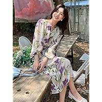 Women's Dress Allover Floral Bishop Sleeve Belted Dress Dress for Women (Color : Multicolor, Size : Small)