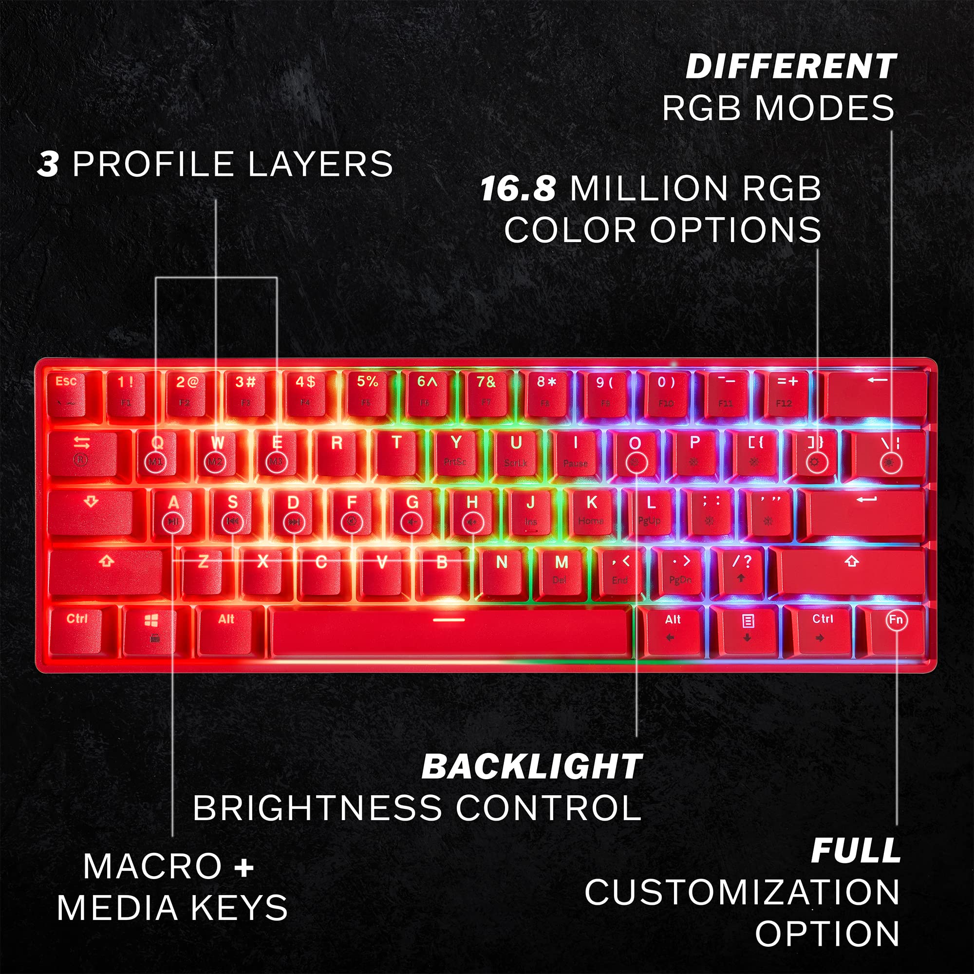 HK GAMING GK61s Mechanical Gaming Keyboard - 61 Keys Multi Color RGB Illuminated LED Backlit Wired Programmable for PC/Mac Gamer (Gateron Mechanical Blue, Red)