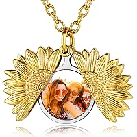 Custom4U Personalized Heart Locket Necklace with Pictures,Sunflower/Angel Wings/Heart Shaped Lockets Custom Photo,Gold/Rose Gold/White Lockets That Holds Picture,Customized Memorial Jewelry for Women