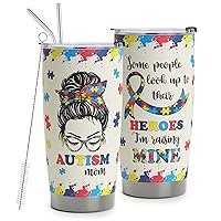 Autism Mom Gifts - Autism Awareness Travel Mug with Straw for Mom - Warrior Mom Autism Stainless Steel Cups 20oz