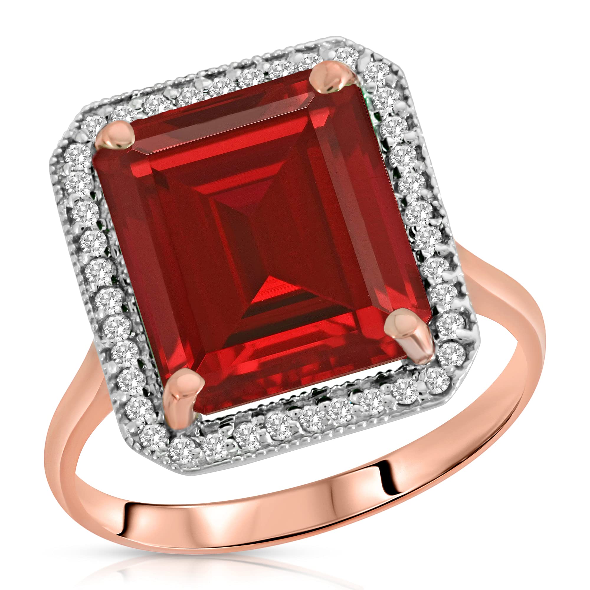 Galaxy Gold GG 7.45 ct 14k Solid Gold Emerald Cut Ruby Halo Diamond Ring 4894 (Rose-Gold, 9.5)