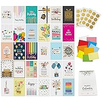 Dessie 30 Unique Happy Birthday Cards - 30 Gold Foil Birthday Cards Bulk With Message Inside. 32 White and Colored Envelopes, Perpetual Birthday Calendar and Gold Sealing Stickers Included In Box