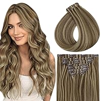 Highlights Human Hair Clip in Extensions Dark Brown With Honey Blonde 14 Inch Seamless Clip in Hair Extensions Real Human Hair Highlight Extensions for Women Clip ins 120 Grams 8Pcs