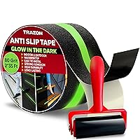 Grip Tape 2 Inch x 35 Feet, Black with Glow in The Dark Strips - with Rubber Tape Roller Heavy Duty Anti Slip Tape for Stairs Outdoor/Indoor Waterproof Safety Non Skid Roll for Stair Steps Treads