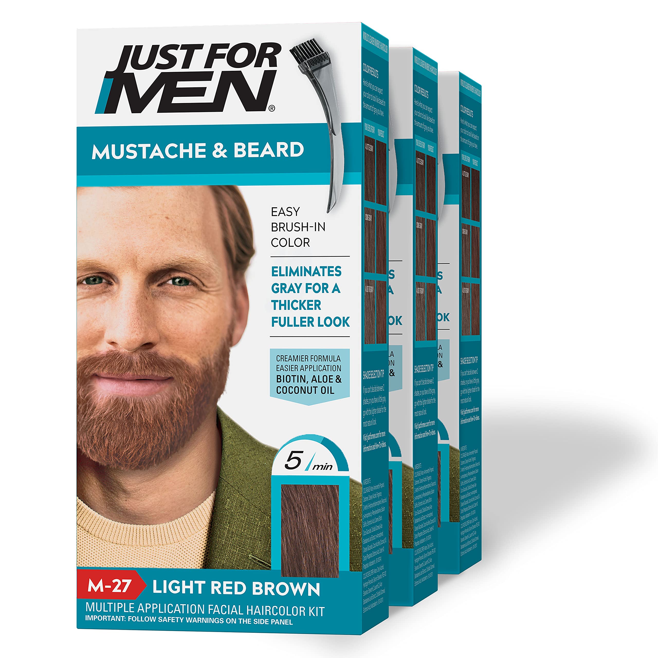 Just For Men Mustache & Beard, Beard Dye for Men with Brush Included for Easy Application, With Biotin Aloe and Coconut Oil for Healthy Facial Hair - Light Red Brown, M-27, Pack of 3
