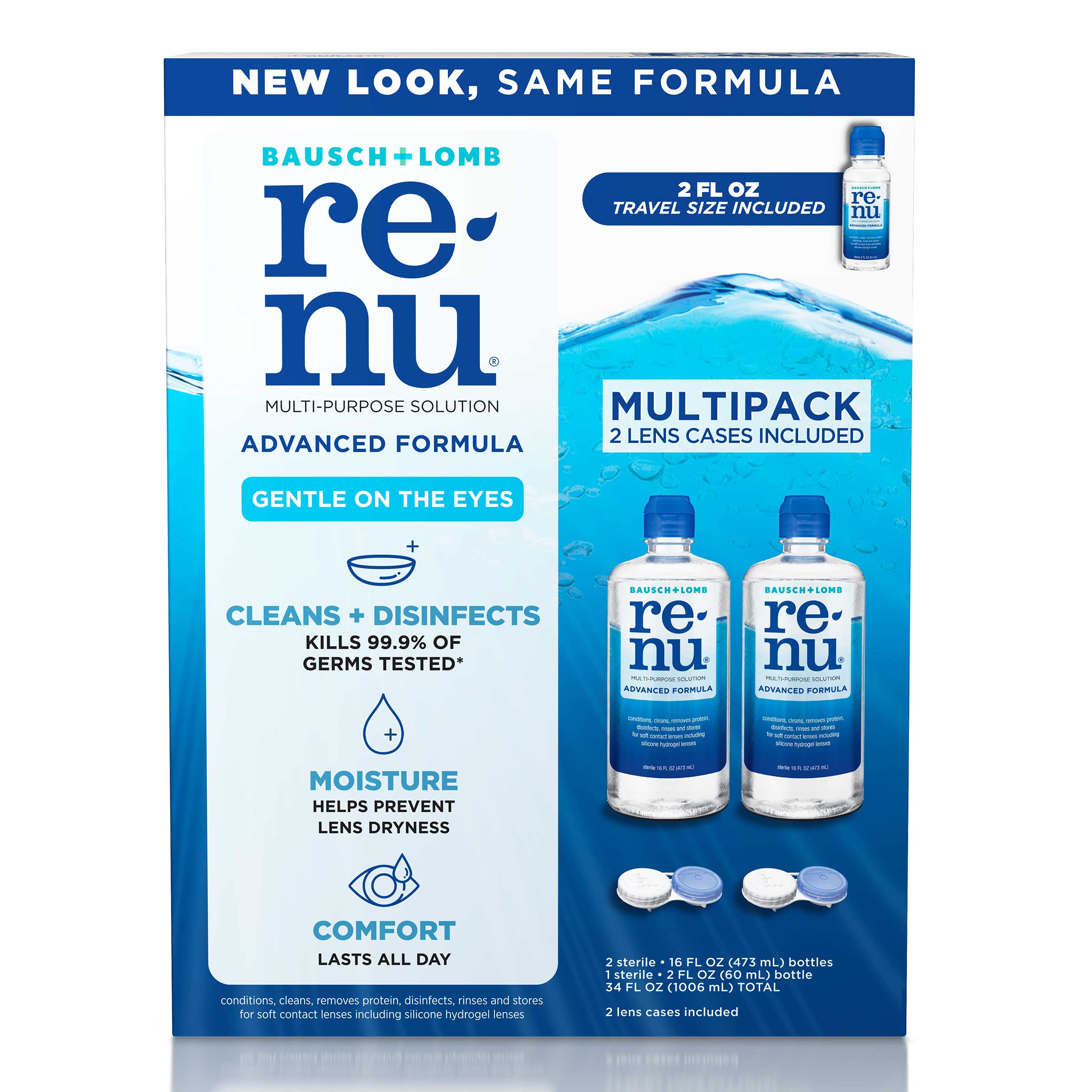 renu Contact Lens Solution, Multi-Purpose Disinfectant, Advanced Formula Kills 99.9% of Germs, 16 Fl Oz (Pack of 2), Includes 2 Fl Oz Travel Size