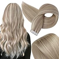 Fshine Tape in Hair Extensions Human Hair 20 Inch Remy Human Hair Tape in Extensions Highlighted Color 18 Ash Blonde and 22 Light Blonde Hair Extensions Tape in 20 Pieces 50Gram Adhesive Tape Hair
