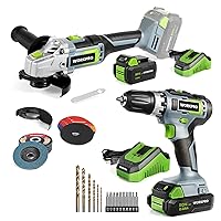 WORKPRO 20V Cordless Angle Grinder Kit, 4-1/2 Inch, Lightweight Angle Grinder Tool with 20V Cordless Drill/Driver Kit, 3/8”, 18+2 Torque Setting, Variable Speed