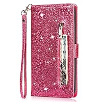 Wallet Case for Samsung Galaxy S22, Luxury Glitter Zipper Purse PU Leather Flip Phone Cover with Wrist Strap Stand Protective Case, Rose