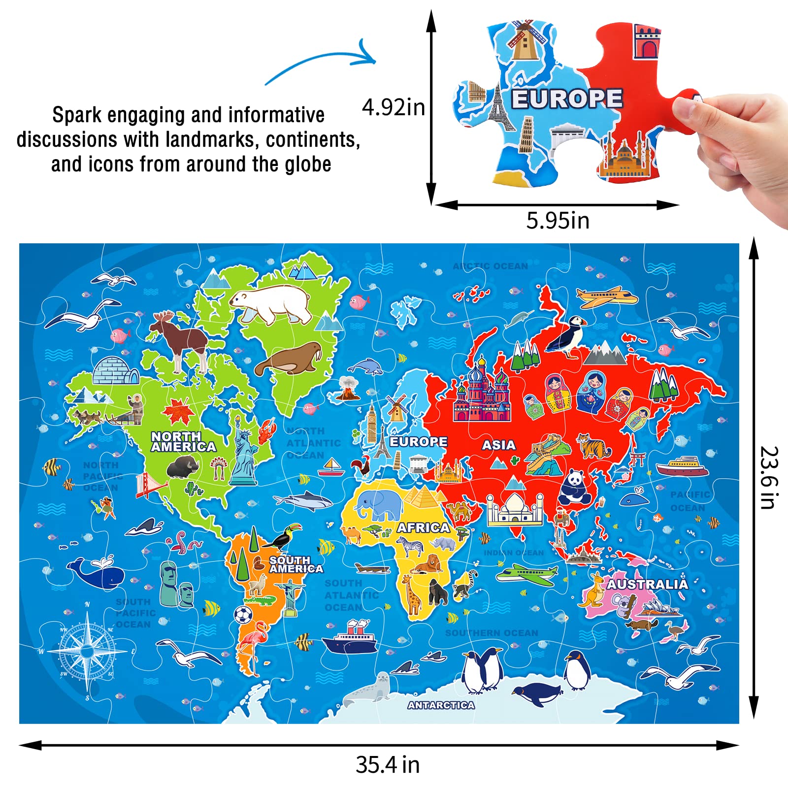Jumbo Floor Puzzle for Kids,World Map Puzzle Jigsaw Geography Puzzles,48 Piece Globe Atlas Puzzle with Continents,Puzzle for Toddler Ages 3-5,Preschool Learning Toys Gift for 4-8 Years Old