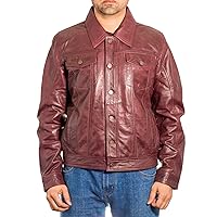 Mens Leather Casual Fitted Denim Levis Western Trucker Burgundy Jacket