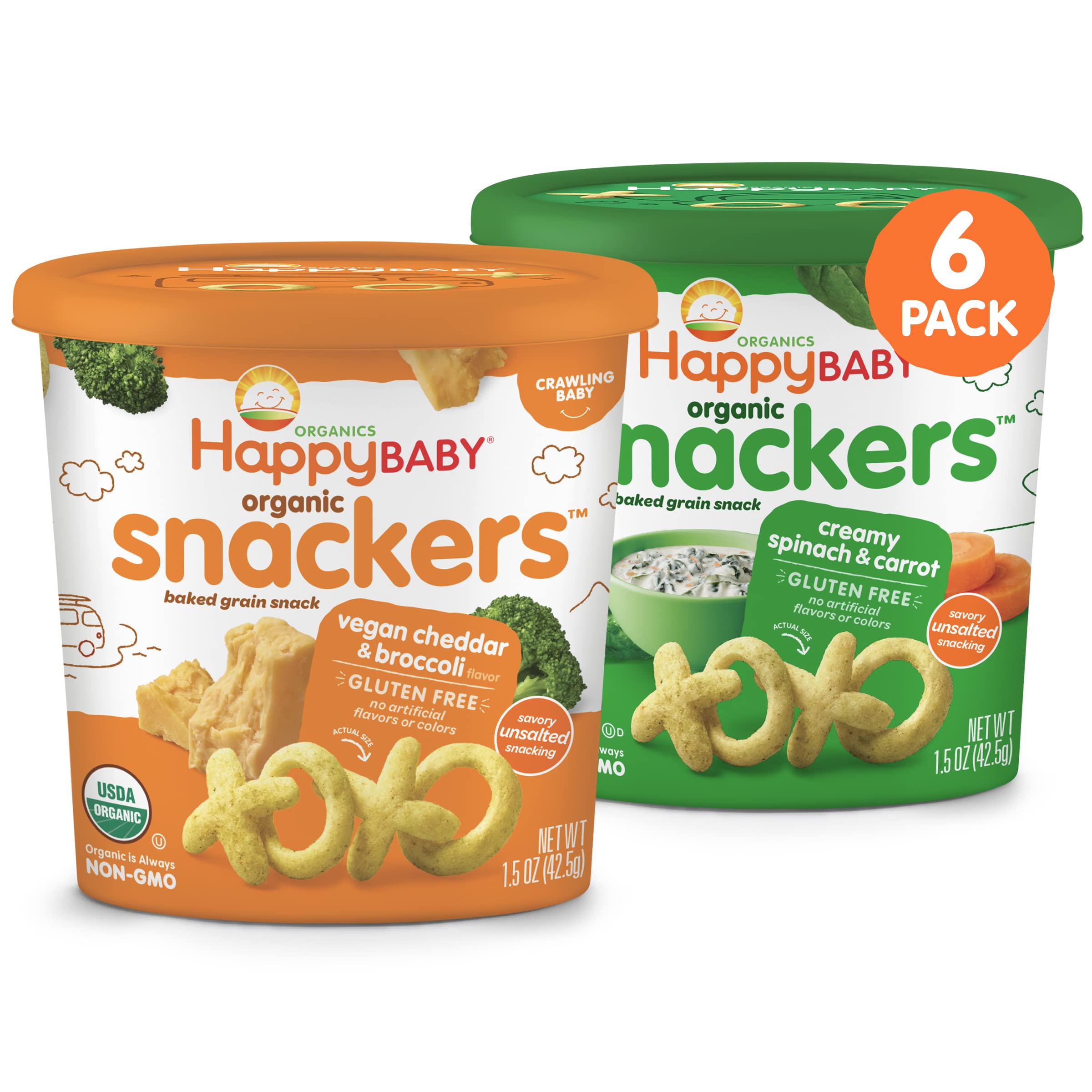 Happy Baby Organics Snackers Baked Grain Snack, 2 Flavor Veggie Variety Pack, 1.5 Ounce (Pack of 6)