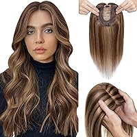 Elailite Human Hair Toppers for Women with Thinning Hair Clip in V3.0 Real Hair Pieces 10 Inch Middle Parting for Top Hair Loss Gray Fine Hair [Style-B] Chocolate Brown&Dark Blonde