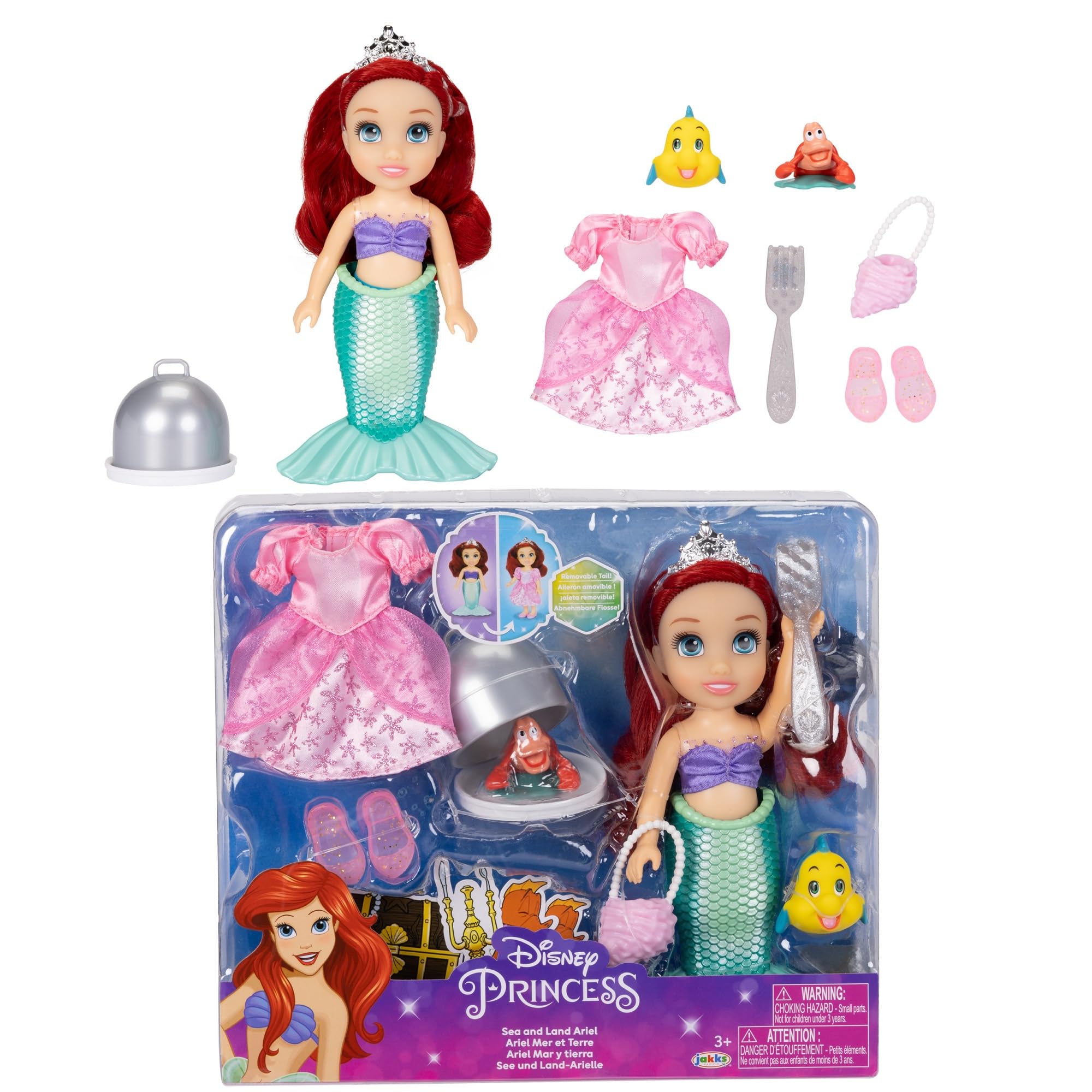 Disney Princess Ariel Doll Sea to Land Petite Ariel Doll with Sebastian & Flounder, in Mermaid Tail and Pink Dress Fashions