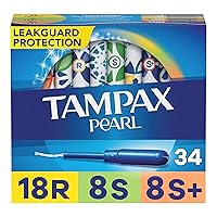 Tampax Pearl Tampons Multipack, Regular/Super Plus Absorbency, With Leakguard Braid, Unscented, 34 Count