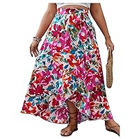 MakeMeChic Women's Plus Size Ruffle Wrap Beach Skirt Floral Print Belted Swing Maxi Long Skirt