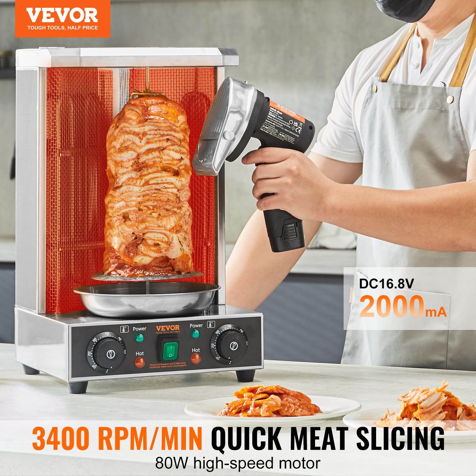 VEVOR Electric Shawarma Knife, 80W Cordless Battery Professional Turkish Knife, Commercial Stainless Steel Gyro Cutter, Doner Kebab Meat Slicer with 2 Blades, Φ4/100mm, 0-8mm Adjustable Thickness