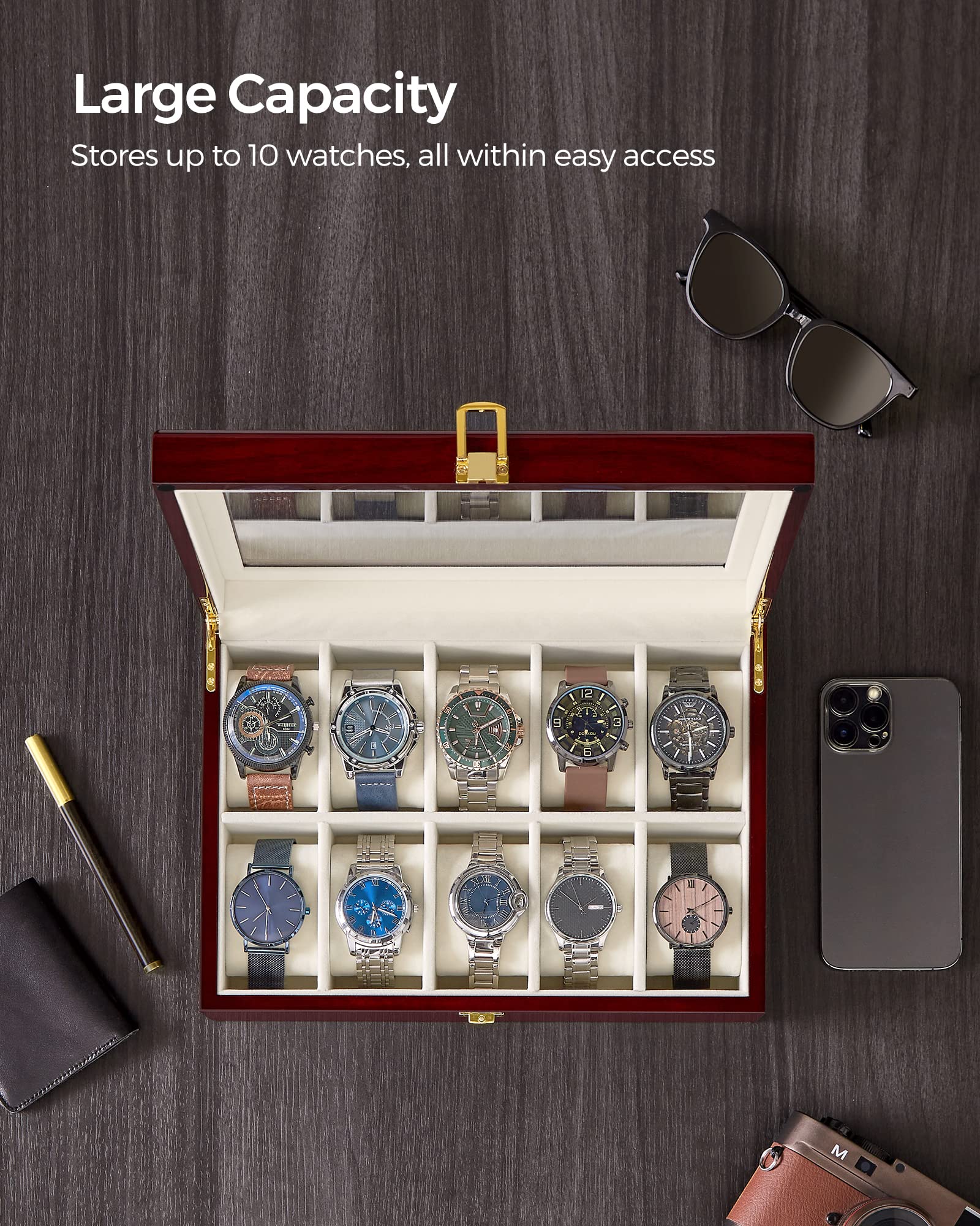 SONGMICS Watch Box, 10-Slot Watch Case with Large Glass Lid, Removable Watch Pillows, Velvet Lining, Watch Box Organizer, Gift for Loved Ones, Cherry Color UJOW10C