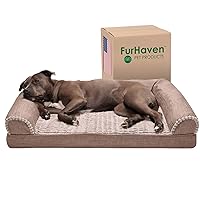 Furhaven Orthopedic Dog Bed for Large/Medium Dogs w/ Removable Bolsters & Washable Cover, For Dogs Up to 55 lbs - Luxe Faux Fur & Performance Linen Sofa - Woodsmoke, Large