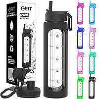 32 oz Glass Water Bottle with Straw Lid, Time Marker, Sleeve & Extra Lid - Motivational, Wide Mouth, Large BPA-Free 1 Liter Glass Water Bottle, Glass Drinking Bottle, Waterbottle (Black Sleeve)