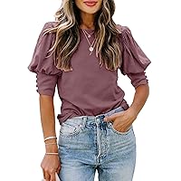 SimpleFun Women's Puff Sleeve Tops Summer Crewneck Loose Casual Blouse Shirts